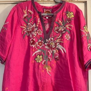 Johnny Was sz lg raspberry tunic w/floral embroidery. Great condition. Pd $225
